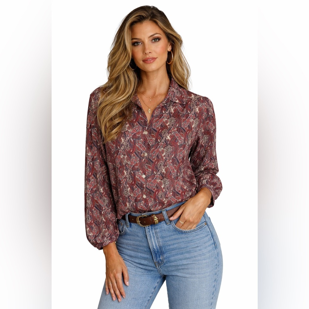 Vintage Paisley Button Up Blouse Boho Retro Long Sleeve Top Size L Relaxed Fit